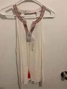 Buckle Cream Halter Top with Red Accent Logo Tag